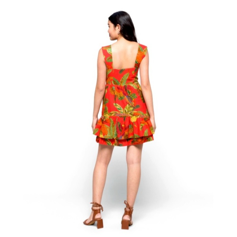 Farm Rio Red Forest Birds Mini Dress M Red Linen Blend Birds Tiered Hem Pockets - Picture 3 of 9